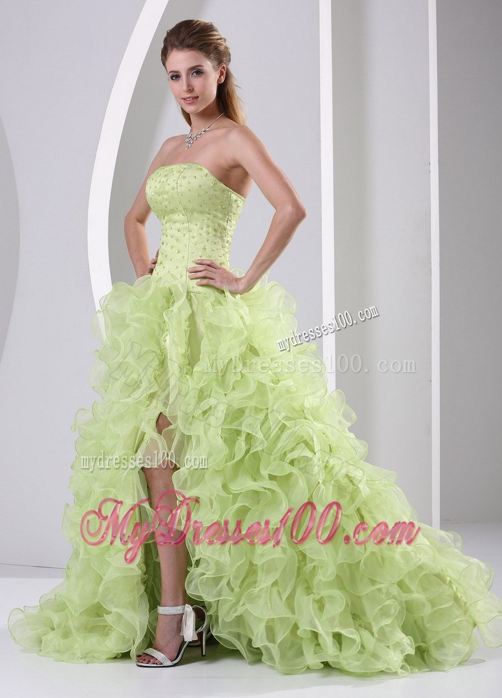 High Slit Beaded and Ruffled Yellow Green 2013 Pageant Dresses
