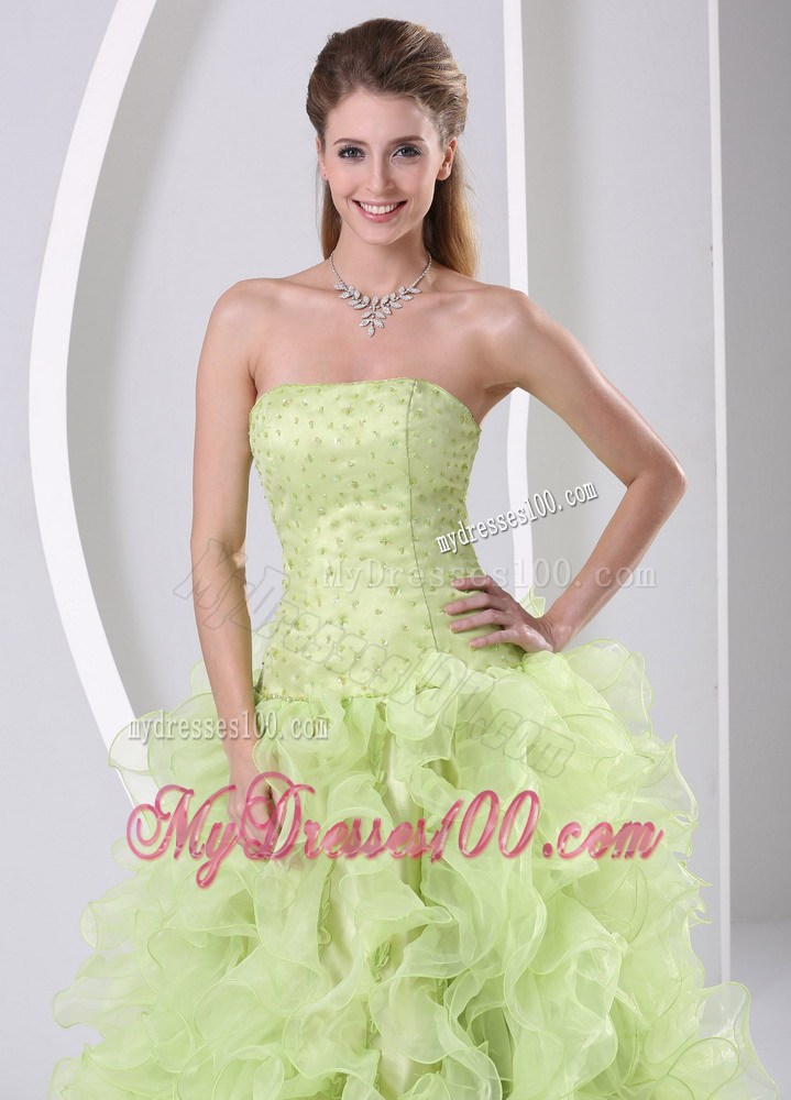 High Slit Beaded and Ruffled Yellow Green 2013 Pageant Dresses