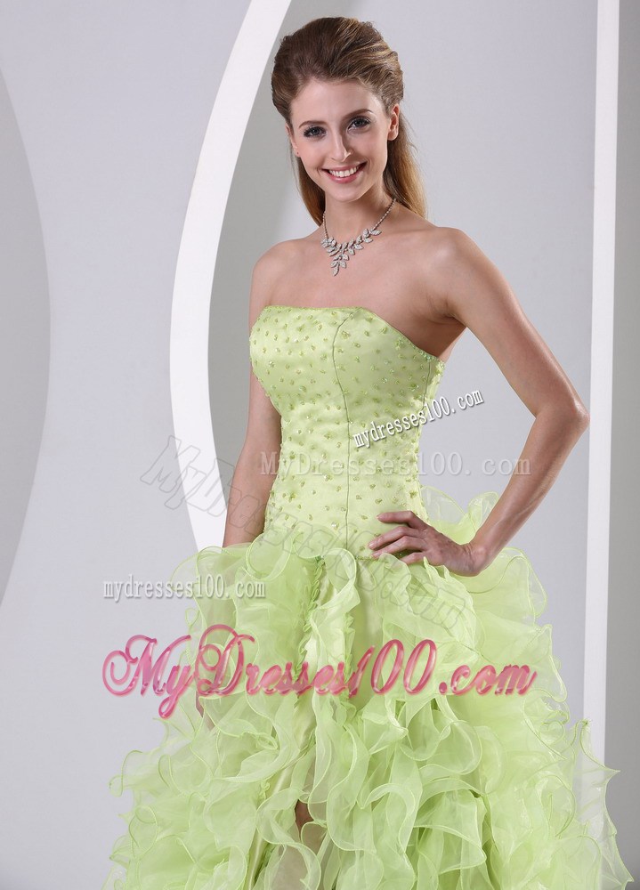 High Slit Beaded and Ruffled Yellow Green 2013 Pageant Dresses