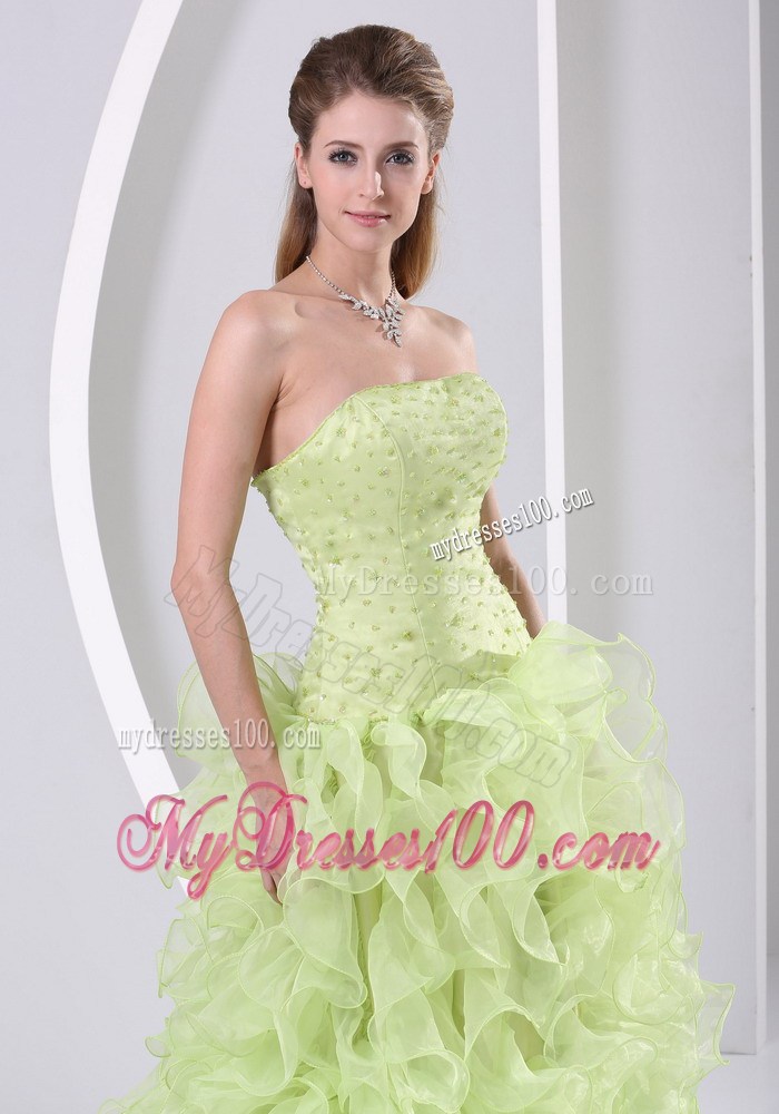 High Slit Beaded and Ruffled Yellow Green 2013 Pageant Dresses