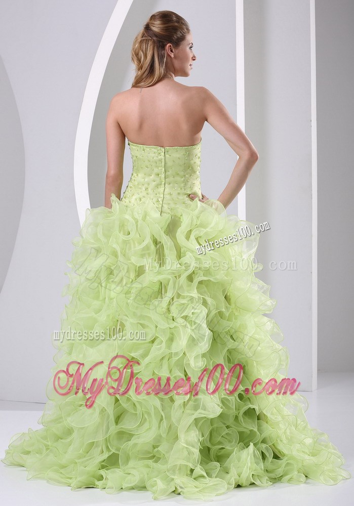 High Slit Beaded and Ruffled Yellow Green 2013 Pageant Dresses