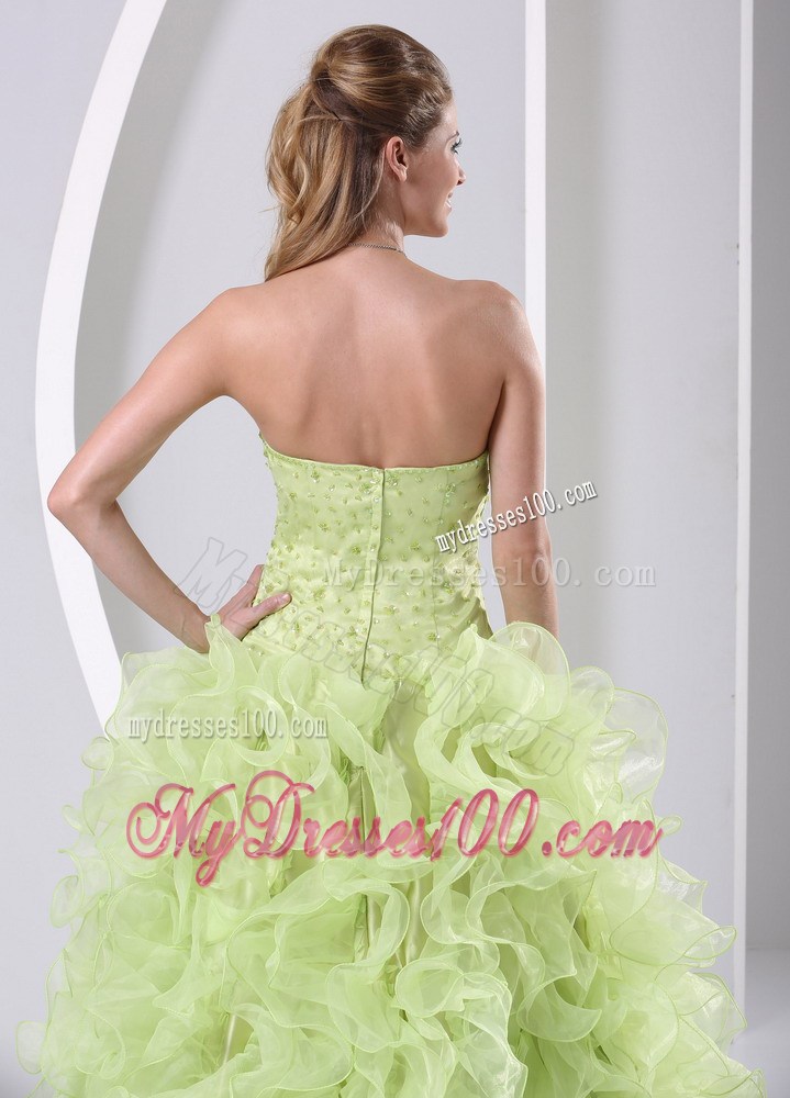 High Slit Beaded and Ruffled Yellow Green 2013 Pageant Dresses
