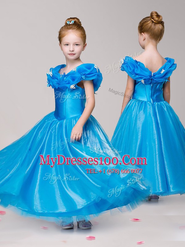 Suitable Off The Shoulder Cap Sleeves Zipper Flower Girl Dresses for Less Blue Tulle
