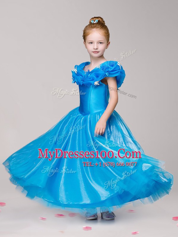 Suitable Off The Shoulder Cap Sleeves Zipper Flower Girl Dresses for Less Blue Tulle