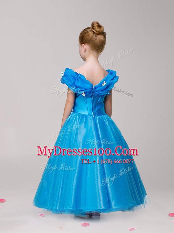 Suitable Off The Shoulder Cap Sleeves Zipper Flower Girl Dresses for Less Blue Tulle