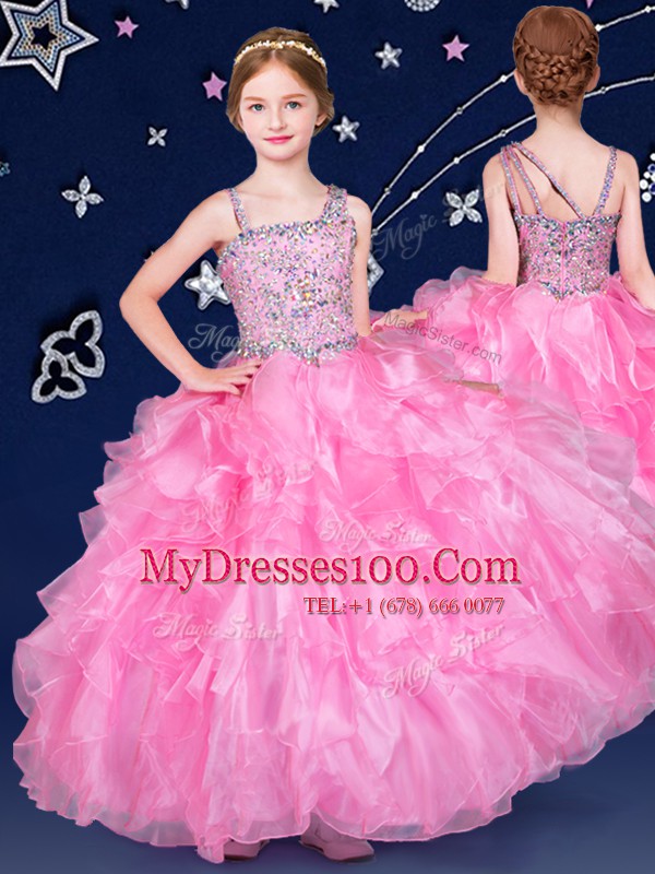 Superior Asymmetric Sleeveless Zipper Toddler Flower Girl Dress Rose Pink Organza