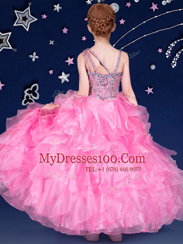 Superior Asymmetric Sleeveless Zipper Toddler Flower Girl Dress Rose Pink Organza
