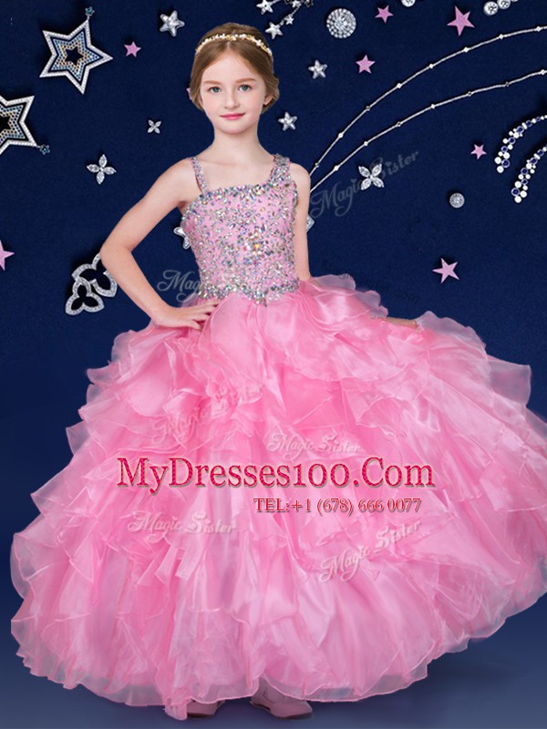Superior Asymmetric Sleeveless Zipper Toddler Flower Girl Dress Rose Pink Organza