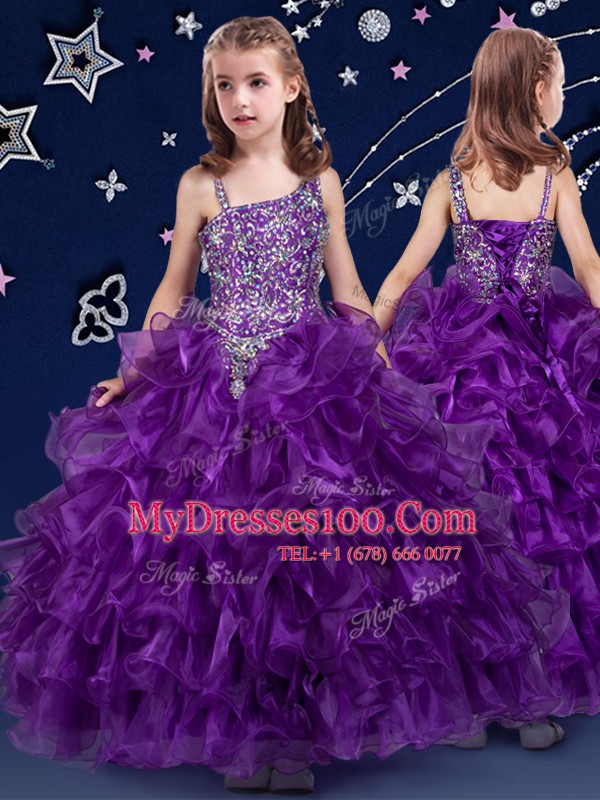Ruffled Floor Length Ball Gowns Sleeveless Purple Girls Pageant Dresses Lace Up