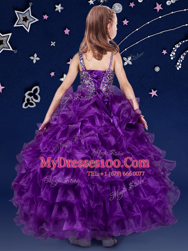 Ruffled Floor Length Ball Gowns Sleeveless Purple Girls Pageant Dresses Lace Up