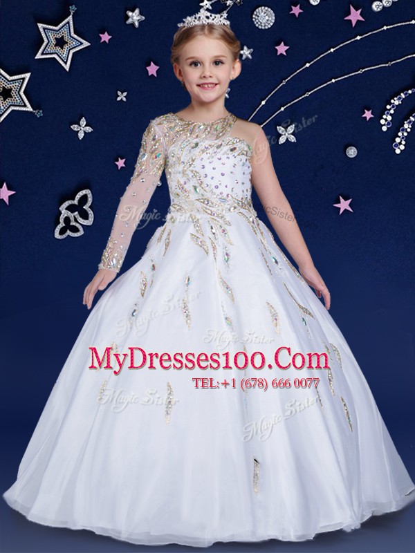 Trendy Floor Length Zipper Flower Girl Dresses for Less White for Quinceanera and Wedding Party with Beading and Ruffles