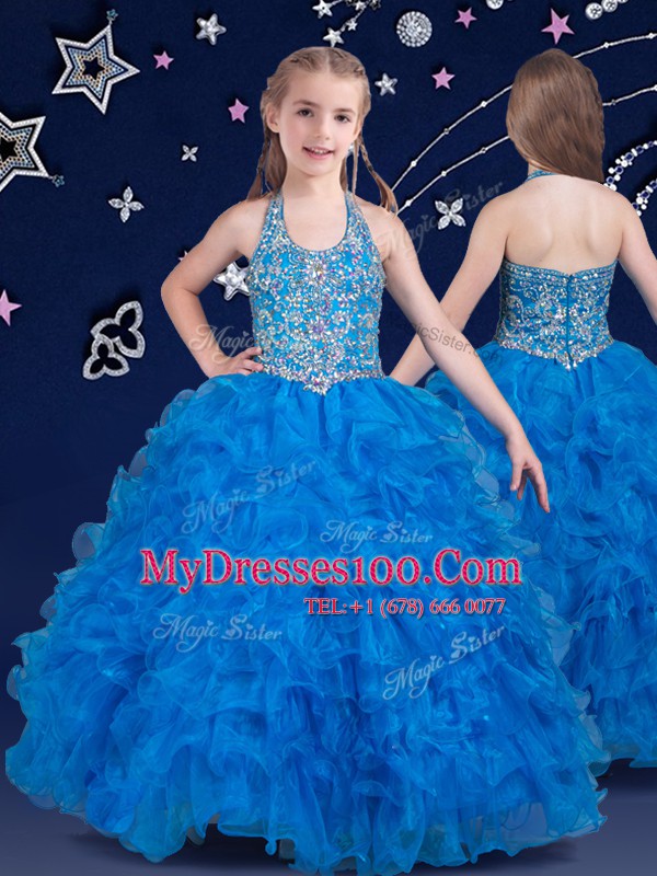 Sweet Baby Blue Flower Girl Dresses for Less Quinceanera and Wedding Party and For with Beading and Ruffles Halter Top Sleeveless Zipper