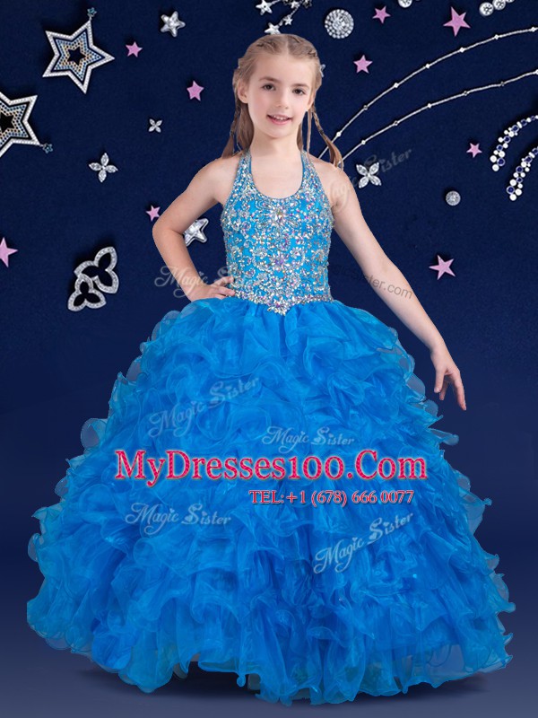 Sweet Baby Blue Flower Girl Dresses for Less Quinceanera and Wedding Party and For with Beading and Ruffles Halter Top Sleeveless Zipper