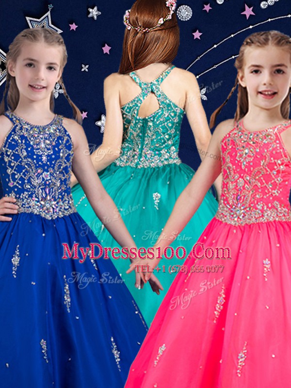 Hot Pink and Royal Blue Scoop Neckline Beading Flower Girl Dresses Sleeveless Zipper