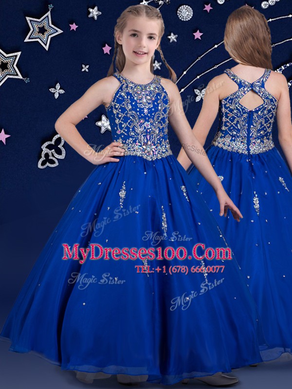 Hot Pink and Royal Blue Scoop Neckline Beading Flower Girl Dresses Sleeveless Zipper