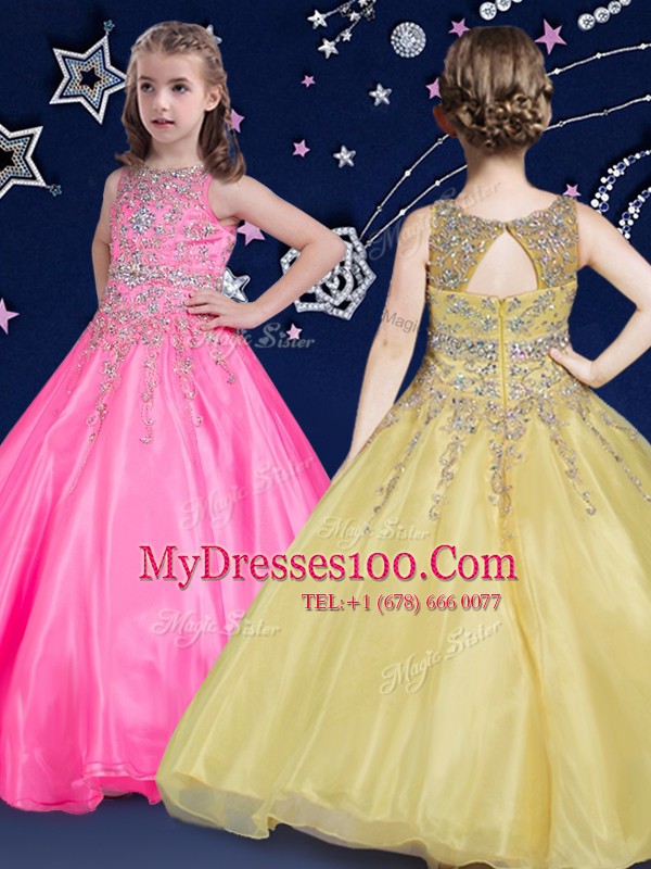 Scoop Hot Pink Sleeveless Beading Floor Length Little Girl Pageant Dress