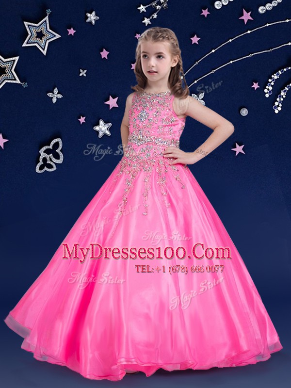 Scoop Hot Pink Sleeveless Beading Floor Length Little Girl Pageant Dress