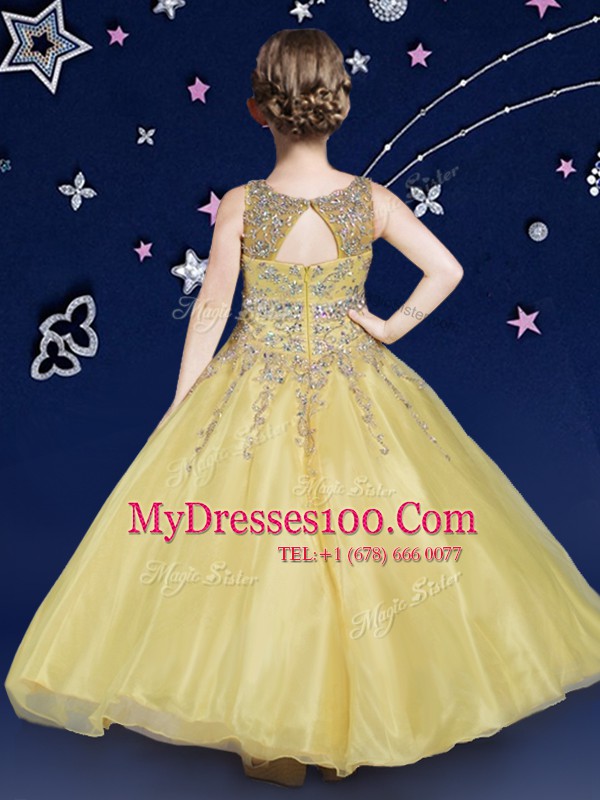 Scoop Hot Pink Sleeveless Beading Floor Length Little Girl Pageant Dress