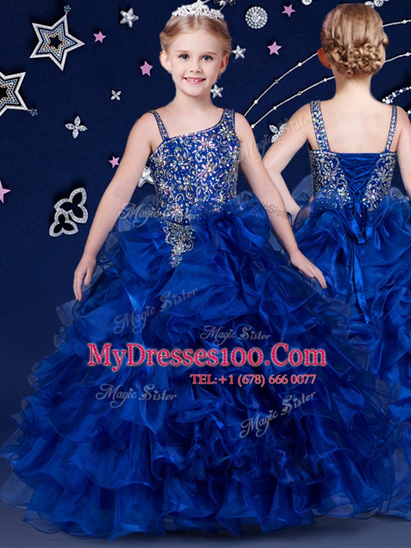 Royal Blue Ball Gowns Organza Asymmetric Sleeveless Beading and Ruffled Layers Floor Length Lace Up Toddler Flower Girl Dress