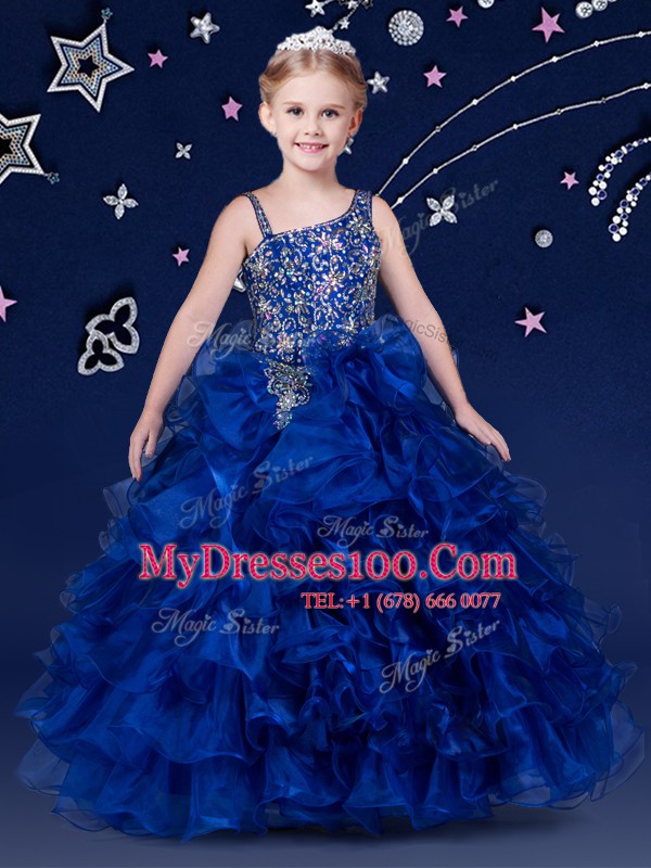 Royal Blue Ball Gowns Organza Asymmetric Sleeveless Beading and Ruffled Layers Floor Length Lace Up Toddler Flower Girl Dress