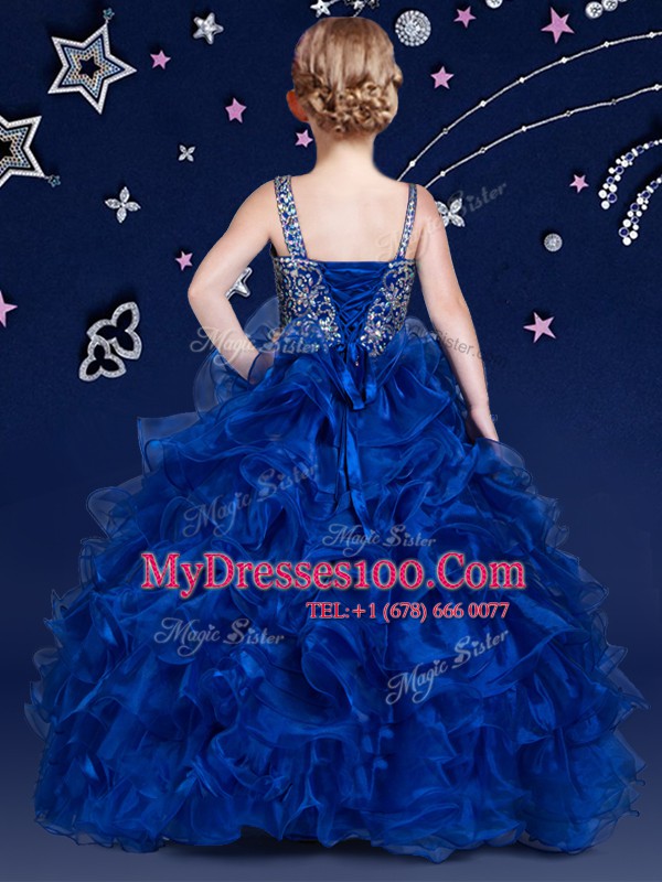 Royal Blue Ball Gowns Organza Asymmetric Sleeveless Beading and Ruffled Layers Floor Length Lace Up Toddler Flower Girl Dress