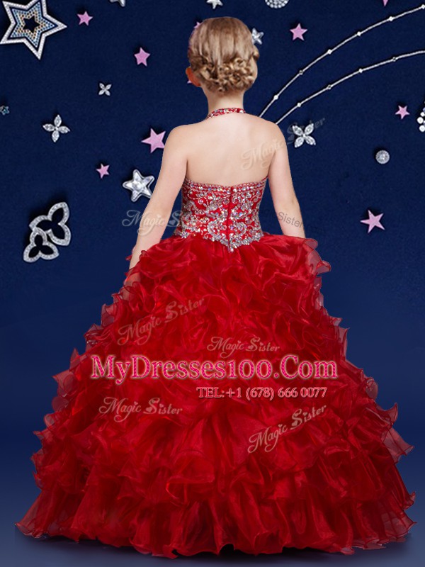 Smart Halter Top Wine Red Ball Gowns Beading and Ruffles Kids Formal Wear Zipper Organza Sleeveless Floor Length