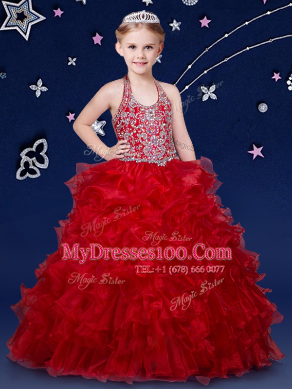 Smart Halter Top Wine Red Ball Gowns Beading and Ruffles Kids Formal Wear Zipper Organza Sleeveless Floor Length