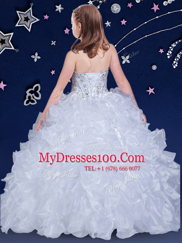 Dazzling Halter Top White Organza Lace Up Child Pageant Dress Sleeveless Floor Length Beading and Ruffles