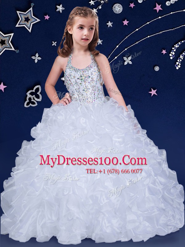 Dazzling Halter Top White Organza Lace Up Child Pageant Dress Sleeveless Floor Length Beading and Ruffles