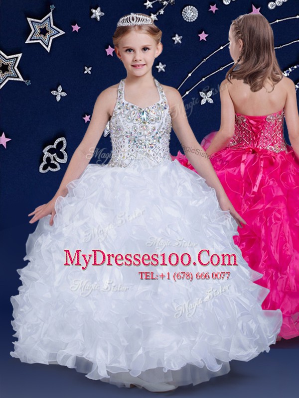 Halter Top Floor Length Ball Gowns Sleeveless White Little Girl Pageant Dress Lace Up
