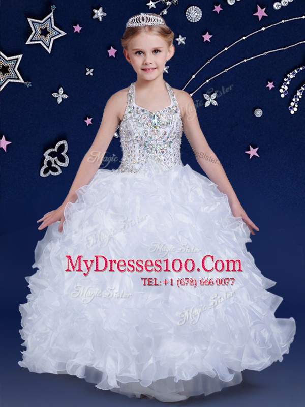 Halter Top Floor Length Ball Gowns Sleeveless White Little Girl Pageant Dress Lace Up