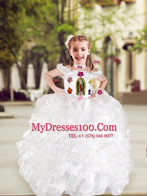 Best Cap Sleeves Floor Length Lace Up Flower Girl Dresses for Less White for Quinceanera and Wedding Party with Beading and Appliques and Ruffles