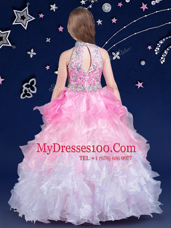 Artistic Halter Top Sleeveless Floor Length Beading and Ruffles Zipper Little Girls Pageant Dress Wholesale with White and Pink And White