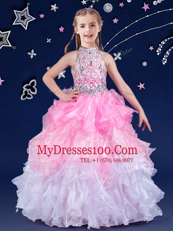 Artistic Halter Top Sleeveless Floor Length Beading and Ruffles Zipper Little Girls Pageant Dress Wholesale with White and Pink And White