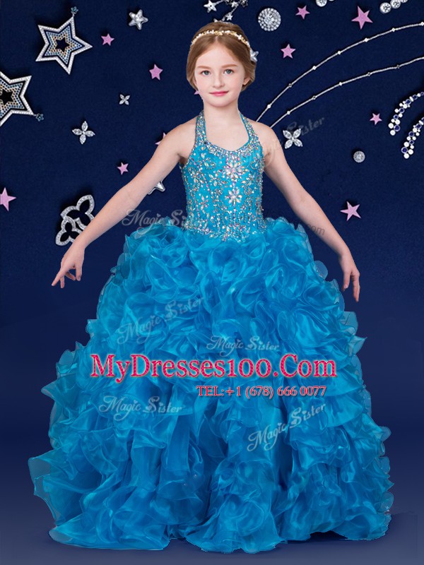 Halter Top Sleeveless Organza Little Girls Pageant Dress Wholesale Beading and Ruffles Lace Up