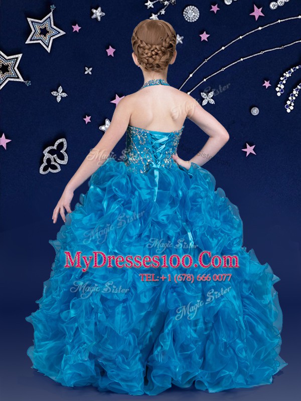 Halter Top Sleeveless Organza Little Girls Pageant Dress Wholesale Beading and Ruffles Lace Up