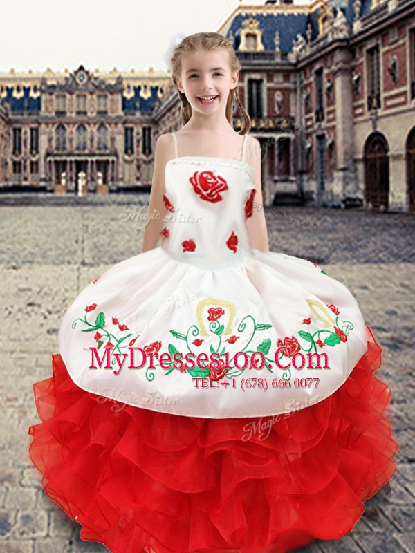 Elegant Floor Length White and Red Flower Girl Dress Organza and Taffeta Sleeveless Beading and Appliques and Ruffles