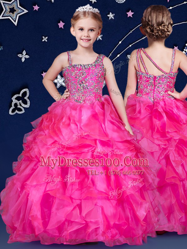 Asymmetric Sleeveless Little Girl Pageant Gowns Floor Length Beading and Ruffles Hot Pink Organza