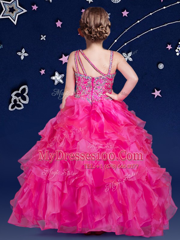 Asymmetric Sleeveless Little Girl Pageant Gowns Floor Length Beading and Ruffles Hot Pink Organza