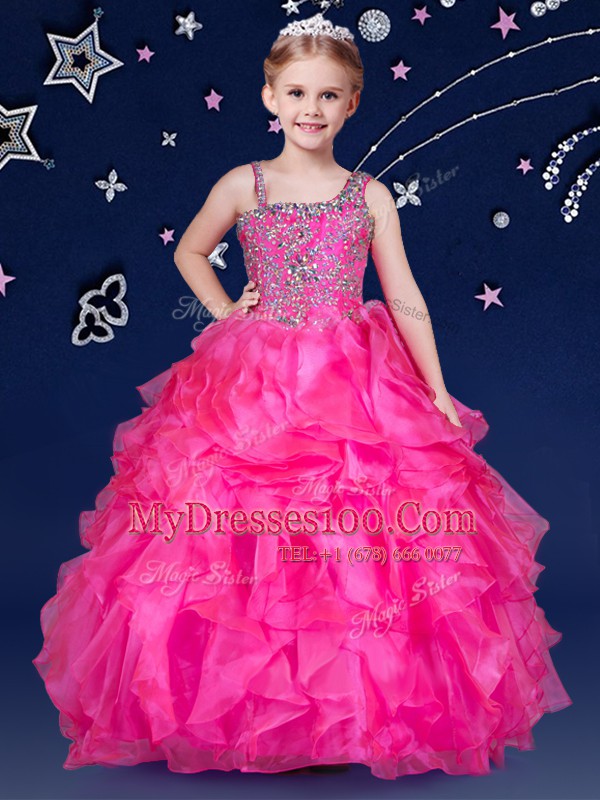 Asymmetric Sleeveless Little Girl Pageant Gowns Floor Length Beading and Ruffles Hot Pink Organza