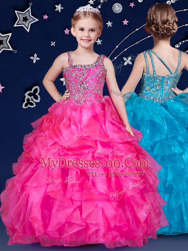 Asymmetric Sleeveless Little Girl Pageant Gowns Floor Length Beading and Ruffles Hot Pink Organza