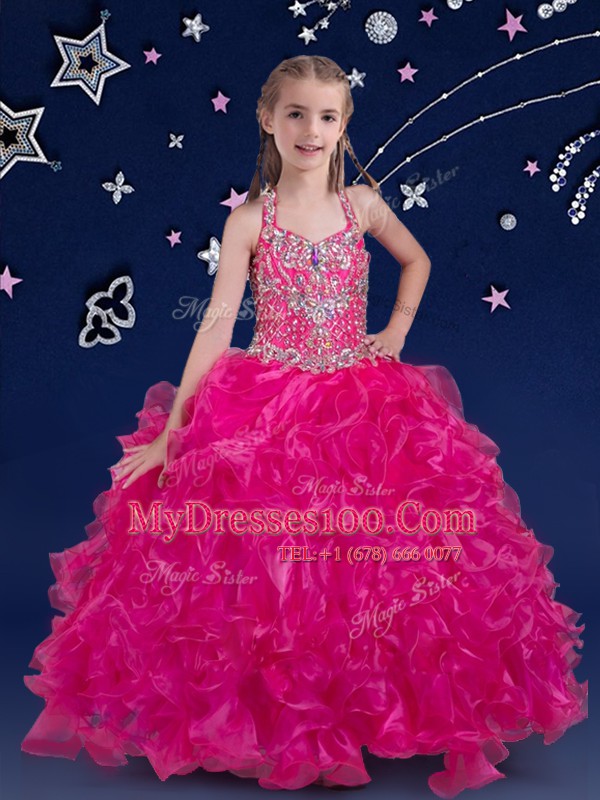 Fancy Fuchsia Organza Lace Up Halter Top Sleeveless Floor Length Little Girls Pageant Dress Wholesale Beading and Ruffles