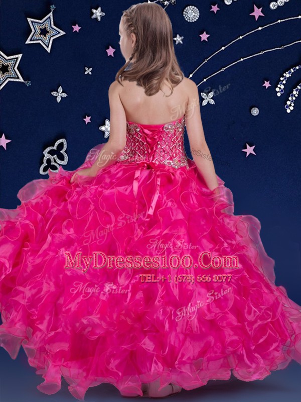 Fancy Fuchsia Organza Lace Up Halter Top Sleeveless Floor Length Little Girls Pageant Dress Wholesale Beading and Ruffles