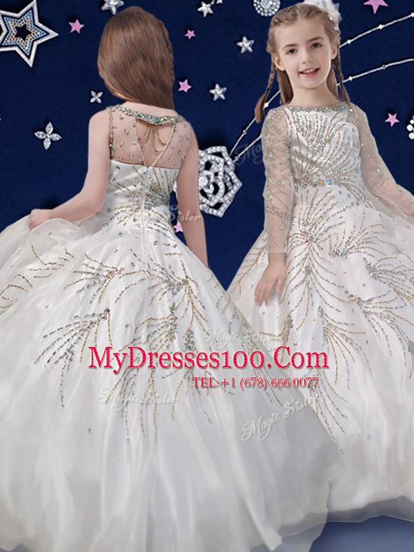 Super Scoop Floor Length White Flower Girl Dresses for Less Organza Long Sleeves Beading