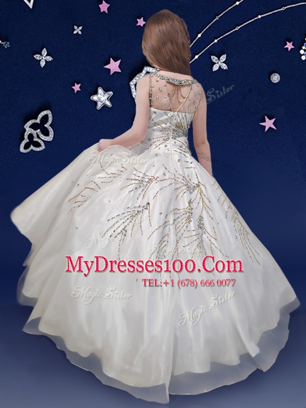 Super Scoop Floor Length White Flower Girl Dresses for Less Organza Long Sleeves Beading