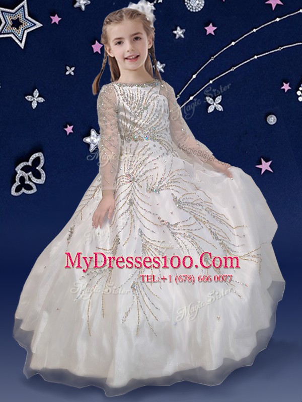 Super Scoop Floor Length White Flower Girl Dresses for Less Organza Long Sleeves Beading