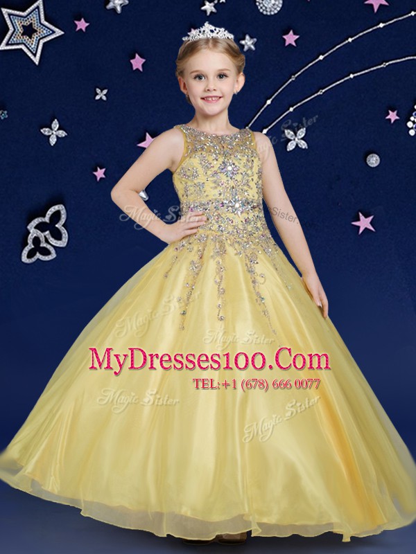 Scoop Gold Zipper Child Pageant Dress Beading Sleeveless Floor Length