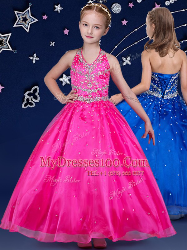 Modern Floor Length Hot Pink Flower Girl Dresses Halter Top Sleeveless Lace Up