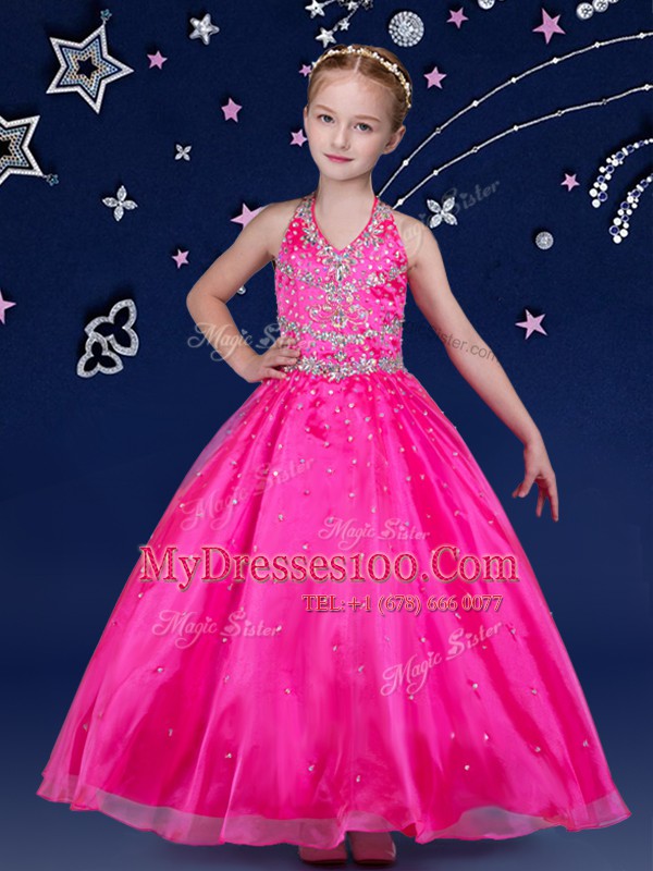 Modern Floor Length Hot Pink Flower Girl Dresses Halter Top Sleeveless Lace Up