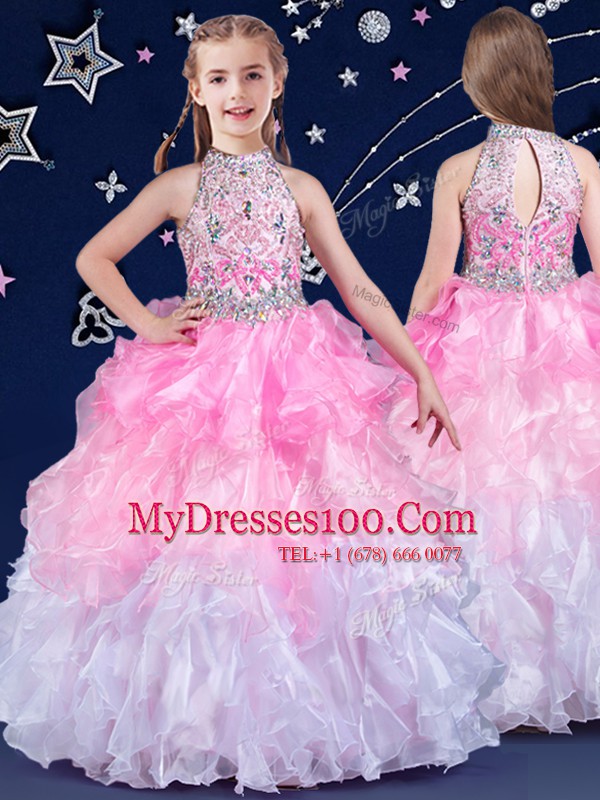 Glorious Halter Top Organza Sleeveless Floor Length Little Girls Pageant Dress Wholesale and Beading and Ruffles